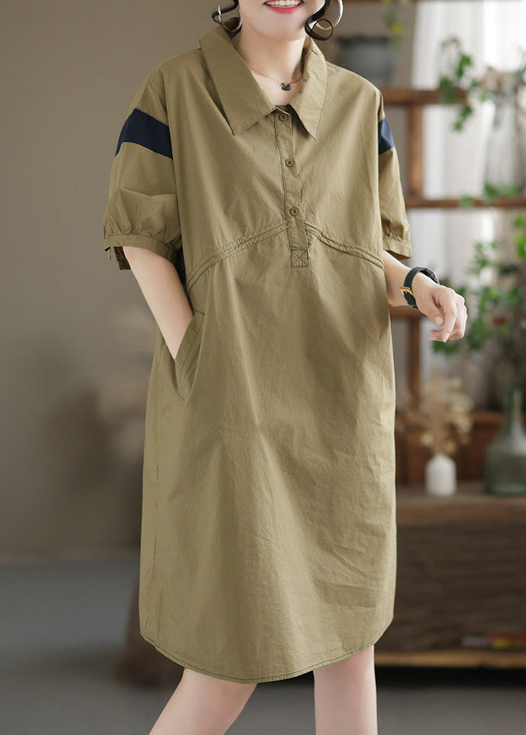 Art Khaki Patchwork Button Cotton Mid Dress Summer