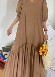 Art Khaki V Neck Patchwork Wrinkled Cotton Long Dress Puff Sleeve