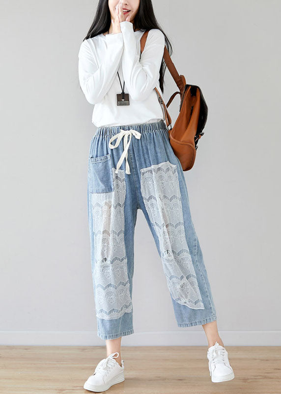 Art Light Blue Oversized Lace Patchwork Hollow Out Cotton Pants Trousers Summer