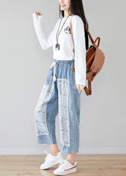 Art Light Blue Oversized Lace Patchwork Hollow Out Cotton Pants Trousers Summer