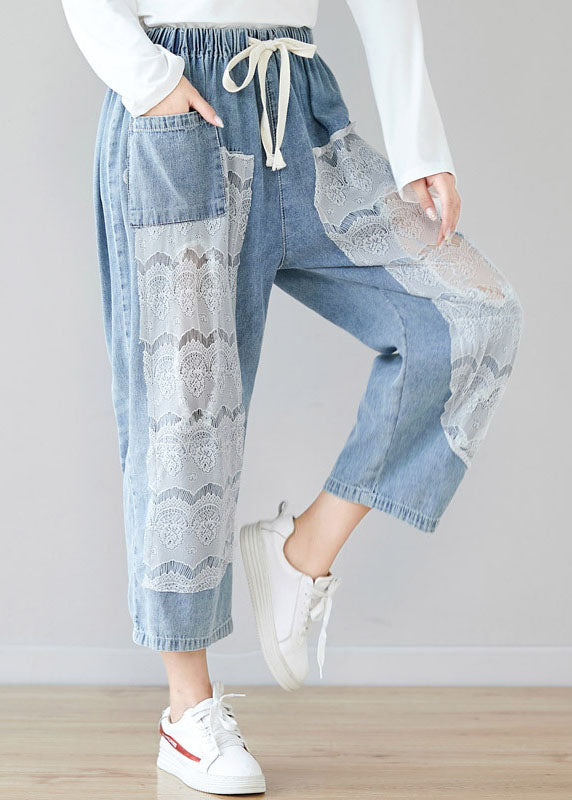 Art Light Blue Oversized Lace Patchwork Hollow Out Cotton Pants Trousers Summer