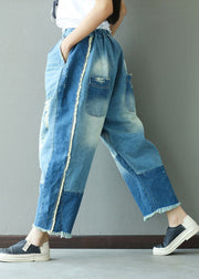 Art Light Blue Tasseled Pockets Patchwork Denim Pants Spring