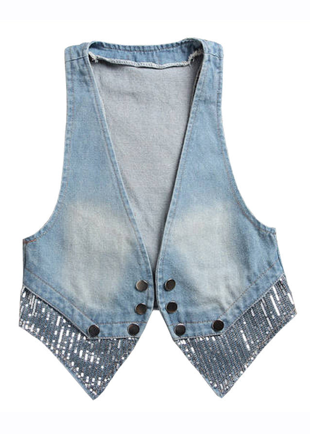 Art Light Blue V Neck Patchwork Button Denim Waistcoat Fall