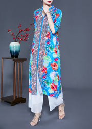 Art Light Blue V Neck Patchwork Print Side Open Silk Beach Dresses Summer