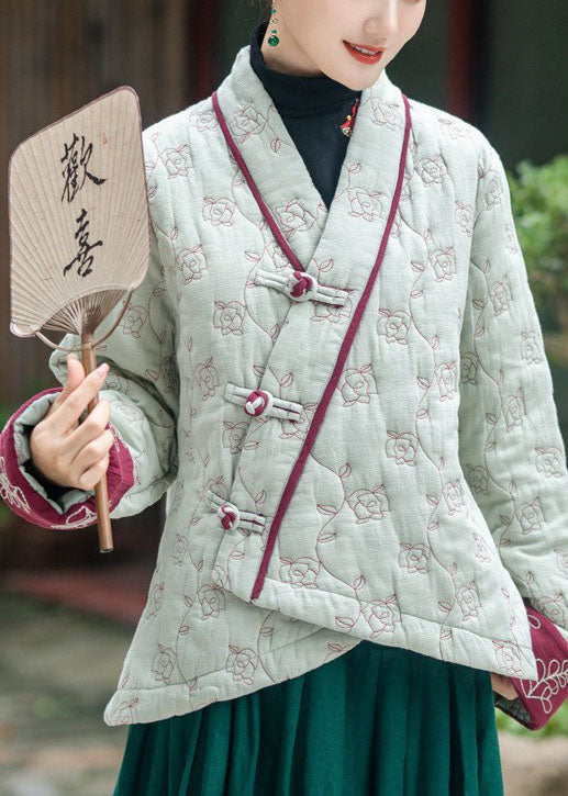 Art Light Green Embroideried Oriental Button Fine Cotton Filled Coats Winter