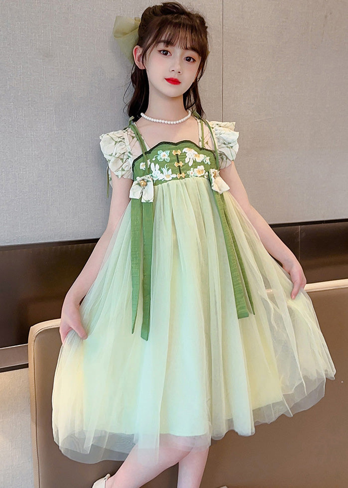 Art Light Green Embroideried Tassel Tulle Kids Maxi Dress Short Sleeve