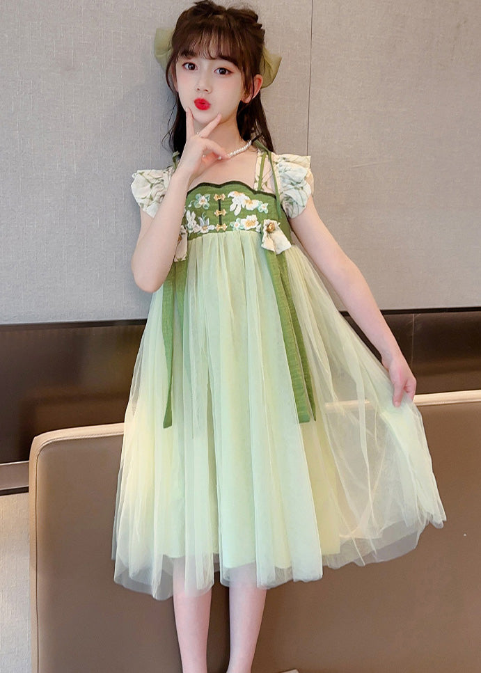 Art Light Green Embroideried Tassel Tulle Kids Maxi Dress Short Sleeve