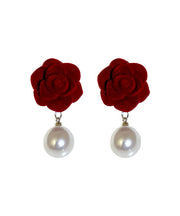 Art Mulberry Flocking Pearl Rose Floral Drop Earrings