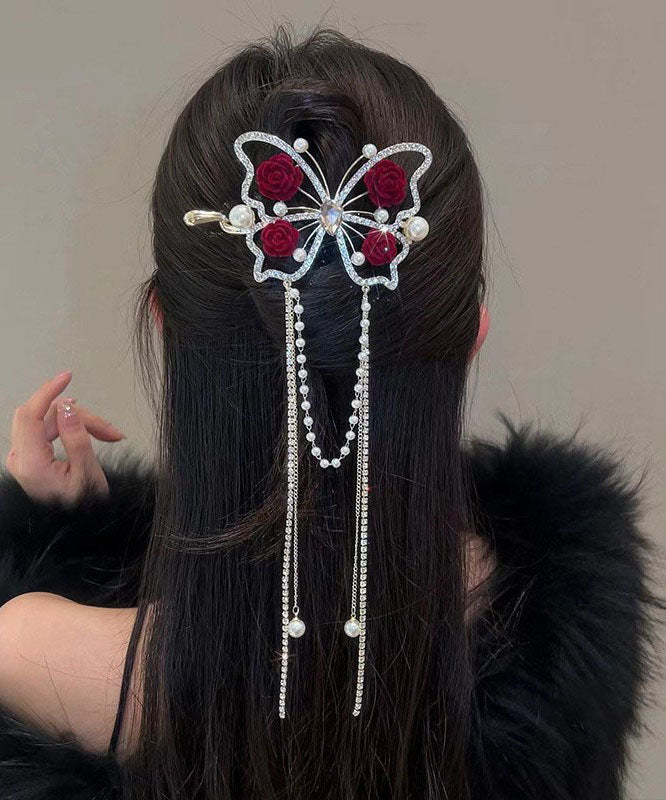 Art Mulberry Overgild Zircon Pearl Butterfly Rose Tassel Hairpin