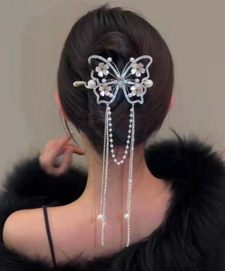 Art Mulberry Overgild Zircon Pearl Butterfly Rose Tassel Hairpin