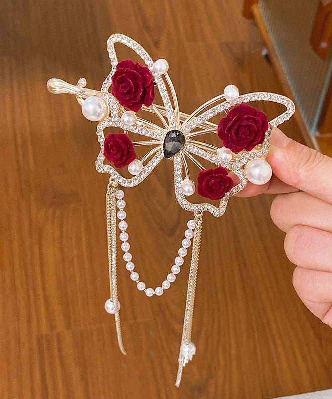 Art Mulberry Overgild Zircon Pearl Butterfly Rose Tassel Hairpin