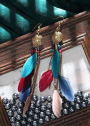 Art Multicolour Feather Tassel Copper National Style Drop Earrings