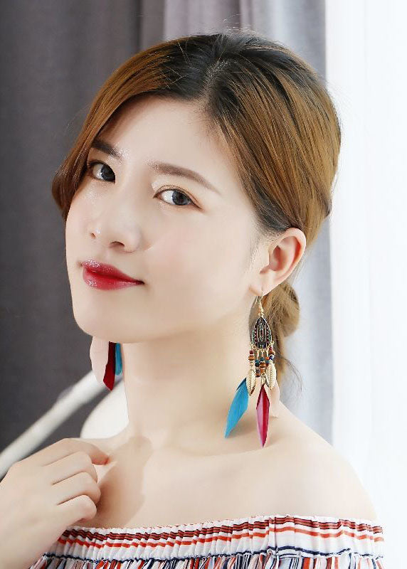 Art Multicolour Feather Tassel Metal Drop Earrings