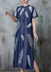 Art Navy Feather Print Denim Cheongsam Dress Summer