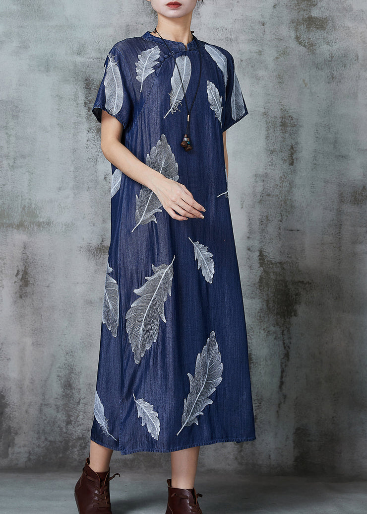 Art Navy Feather Print Denim Cheongsam Dress Summer