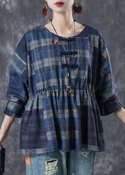 Art Navy Oversized Plaid Chinese Button Cotton Top Spring