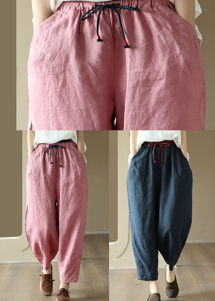 Art Navy Pockets Embroideried Patchwork Linen Pants Summer