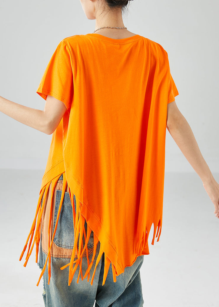 Art Orange Asymmetrical Tassel Cotton Tank Tops Summer