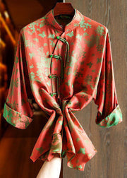 Art pink crane Double-layer Collar Asymmetrical Jacquard Silk Shirt Top Fall