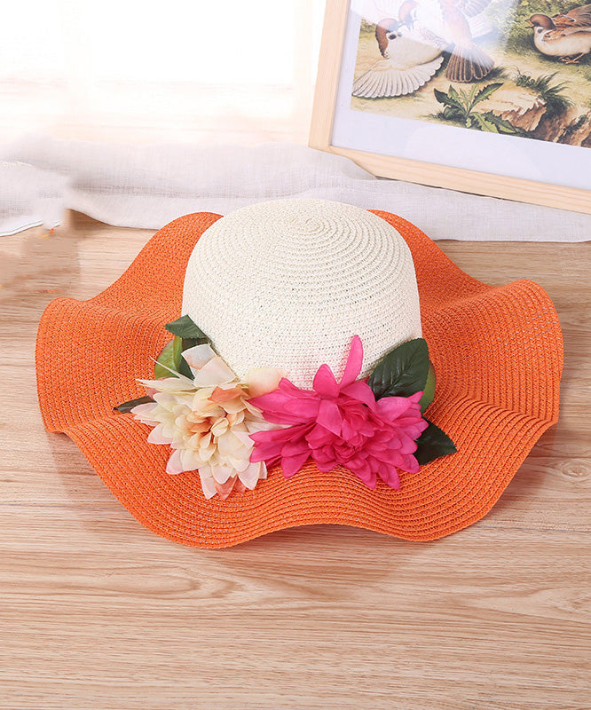 Art Orange Floral Straw Woven Floppy Sun Hat