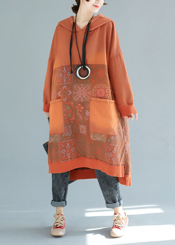 Art Orange Hooded Patchwork Cotton Dresses Spring