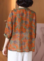 Art Orange O Neck Print Button Patchwork Linen T Shirt Top Summer