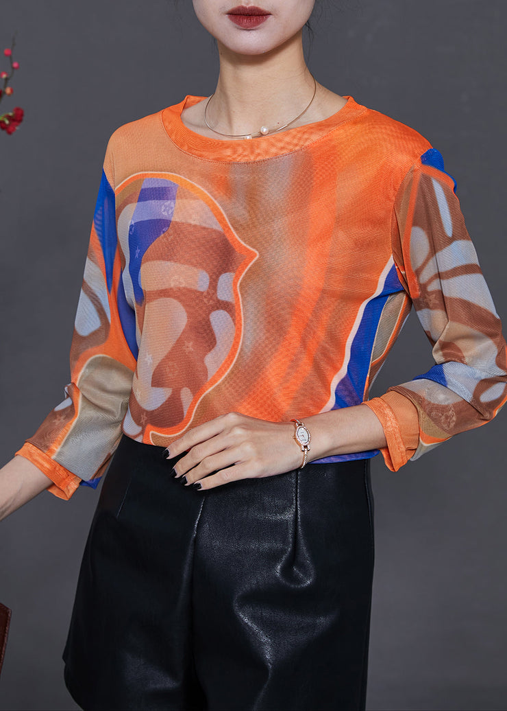 Art Orange Oversized Print Tulle Blouses Summer