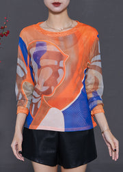 Art Orange Oversized Print Tulle Blouses Summer