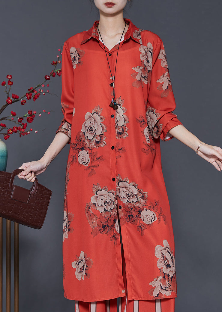 Art Orange Peter Pan Collar Print Silk Shirt Dress Spring