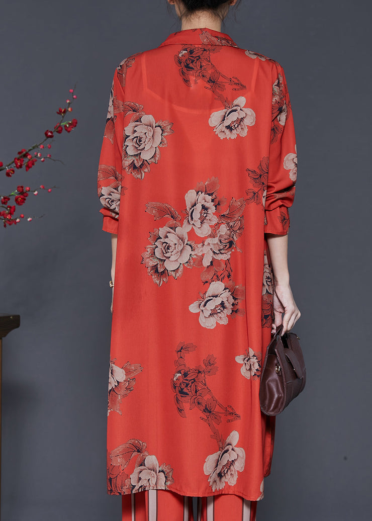 Art Orange Peter Pan Collar Print Silk Shirt Dress Spring