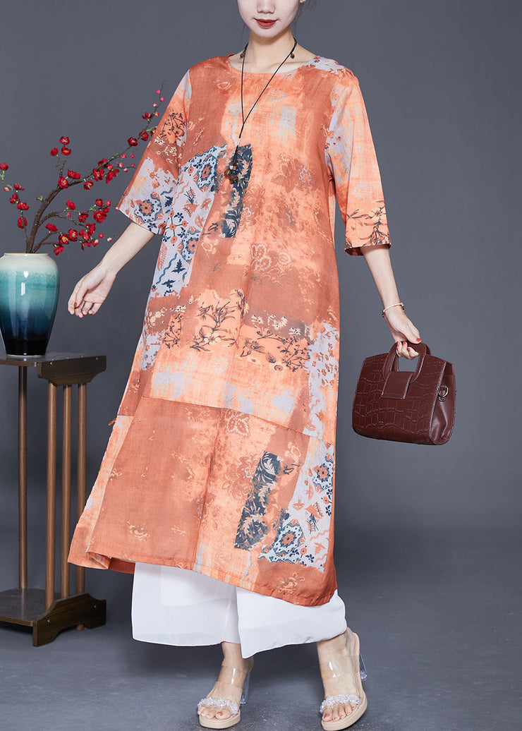 Art Orange Print Side Open Linen Long Dress Summer