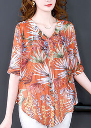 Art Orange V Neck Print Zircon Silk Tops Short Sleeve