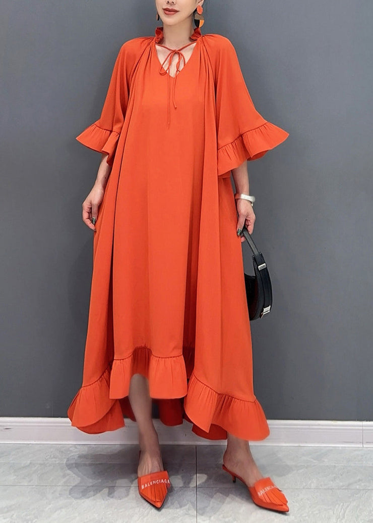 Art Orange V Neck Vacation Long Dresses Flare Sleeve