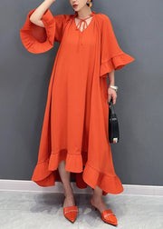 Art Orange V Neck Vacation Long Dresses Flare Sleeve