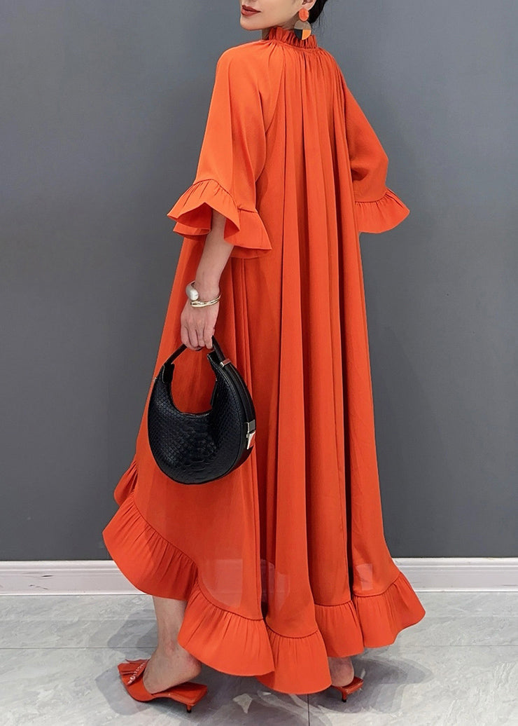 Art Orange V Neck Vacation Long Dresses Flare Sleeve