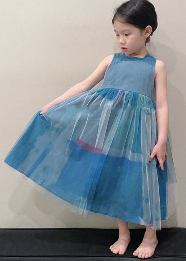 Art Peacock Blue O Neck Wrinkled Patchwork Tulle Kids Girls Long Dress Sleeveless