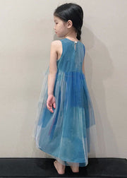 Art Peacock Blue O Neck Wrinkled Patchwork Tulle Kids Girls Long Dress Sleeveless