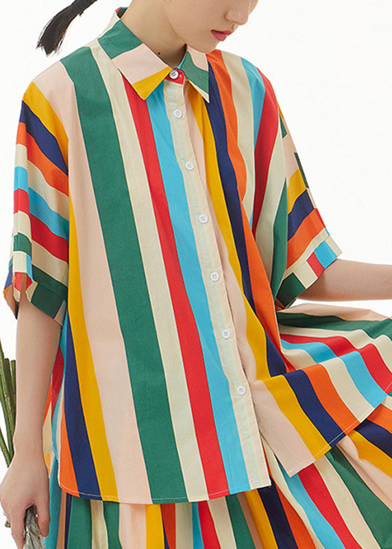 Art Peter Pan Collar Striped Button Cotton Shirt Short Sleeve