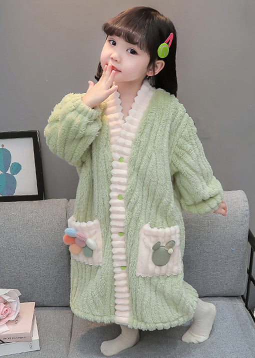 Art Pink Button Patchwork Fluffy Girls Pajamas Dress Long Sleeve