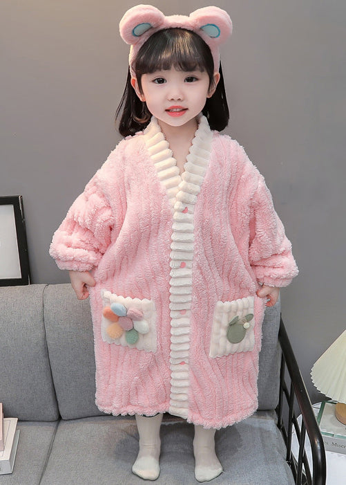 Art Pink Button Patchwork Fluffy Girls Pajamas Dress Long Sleeve