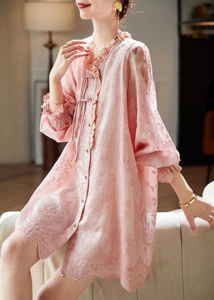 Art Pink Embroidered Ruffled Shirts Dress Fall