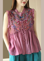 Art Pink Embroideried Floral Ramie Shirts Sleeveless