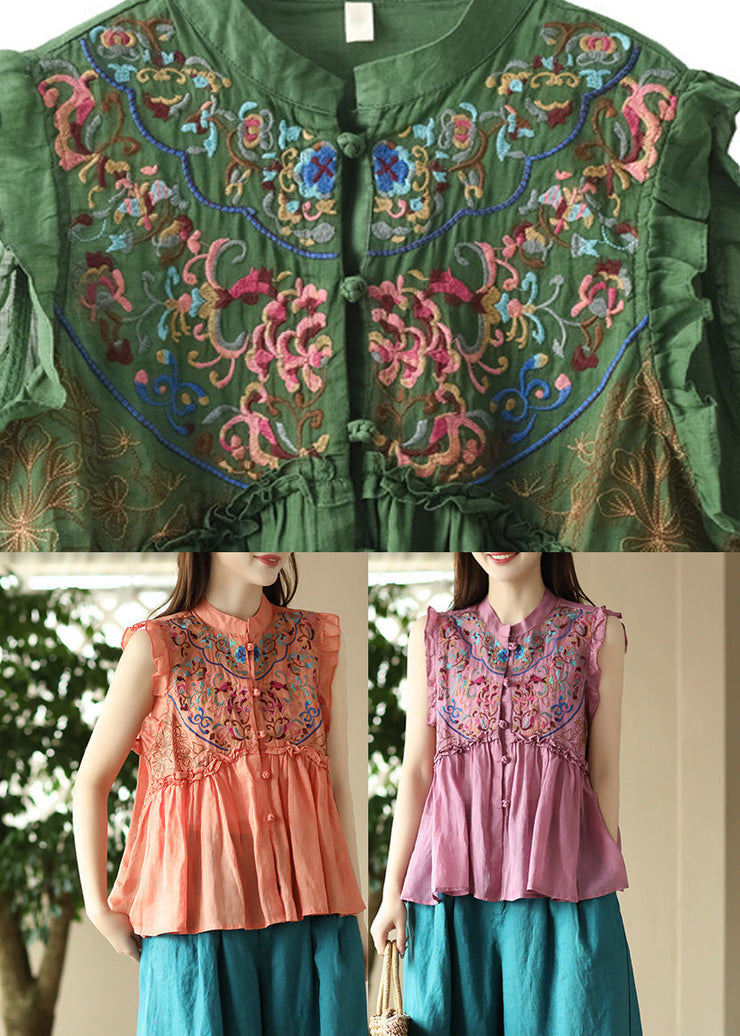 Art Pink Embroideried Floral Ramie Shirts Sleeveless