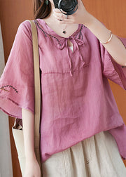 Art Pink Embroideried T Shirt Summer Half Sleeve