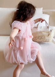 Art Pink O-Neck Patchwork Solid Tulle Baby Mid Dress Short Sleeve