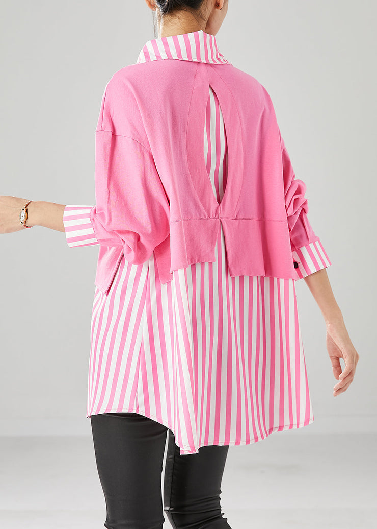 Art Pink Oversized Patchwork Striped Cotton Sweatshirts Top Fall