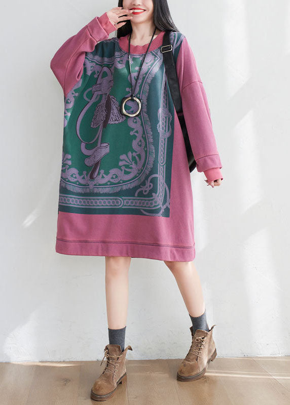 Art Pink Oversized Print Cotton Pullover Sweatshirt Dress Spring