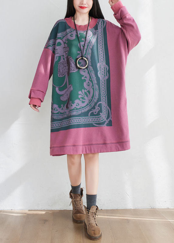 Art Pink Oversized Print Cotton Pullover Sweatshirt Dress Spring