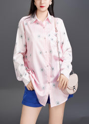 Art Pink Peter Pan Collar Print Cotton Shirt Fall