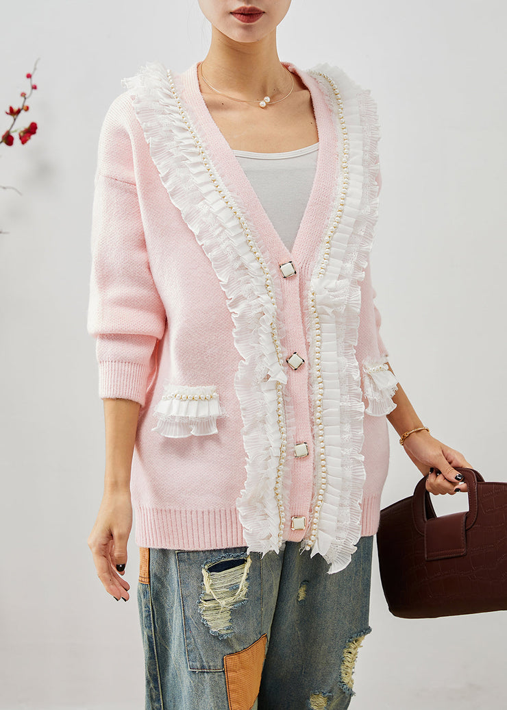 Art Pink Ruffled Patchwork Warm Knit Coats Fall